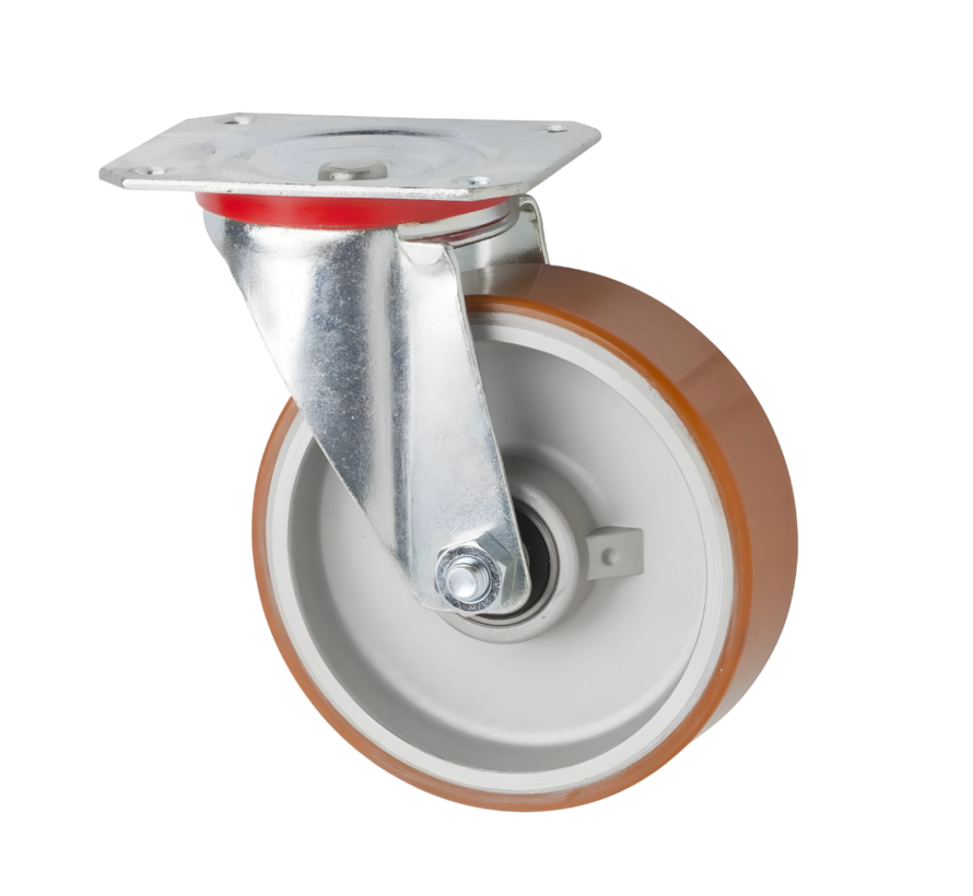 Industrihjul av pressat stålplåt, plattfäste, vulkaniserad polyuretanhjul, precisionskullager, Hjul-Ø 160 mm, 300 kg