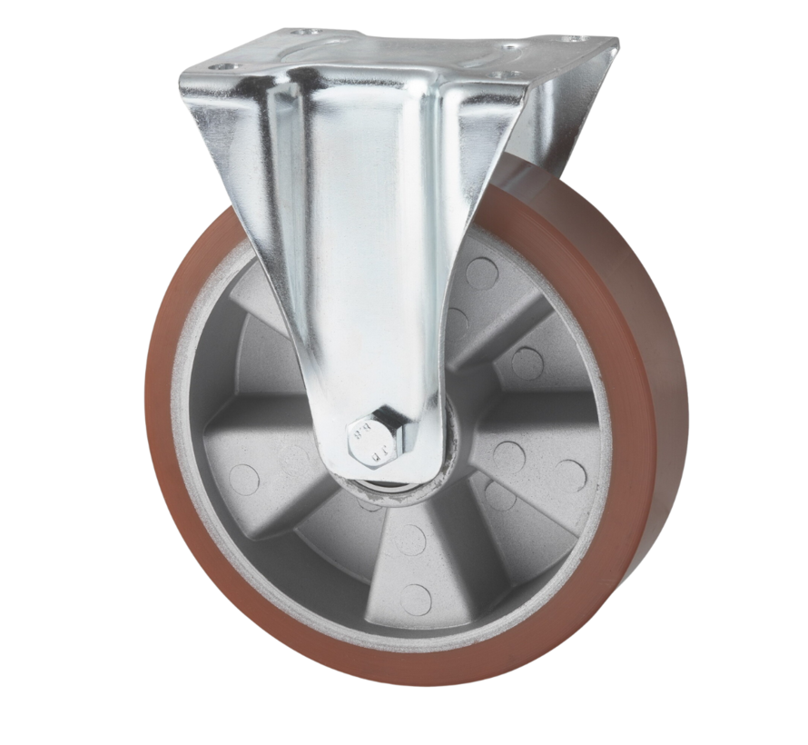 Industrial Fixed caster from pressed steel, plate fitting, Vulcanized Polyurethane tread, precision ball bearing, Wheel-Ø 200mm, 400KG