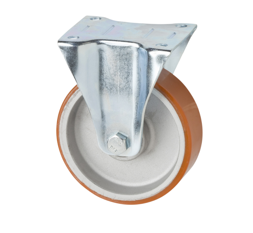 Transportgeräte Bockrolle aus Stahlblech, Plattenbefestigung, Vulkanisierte gegossenem gegossenem Polyurethane Lauffläche, Präzisionskugellager, Rad-Ø 125mm, 200KG