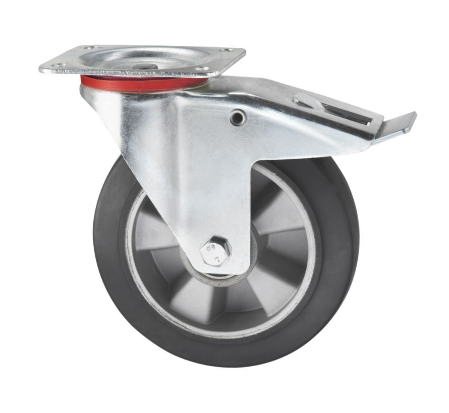 Rueda giratoria industrial con freno de chapa de acero prensada, pletina de fijación, bandaje elástico, cojinete de bolas de precisión, Ø rueda 200 mm, 400 kg