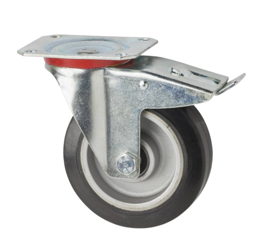 Industrial Swivel caster with brake from pressed steel, plate fitting, elastic-tyre, precision ball bearing, Wheel-Ø 125mm, 200KG