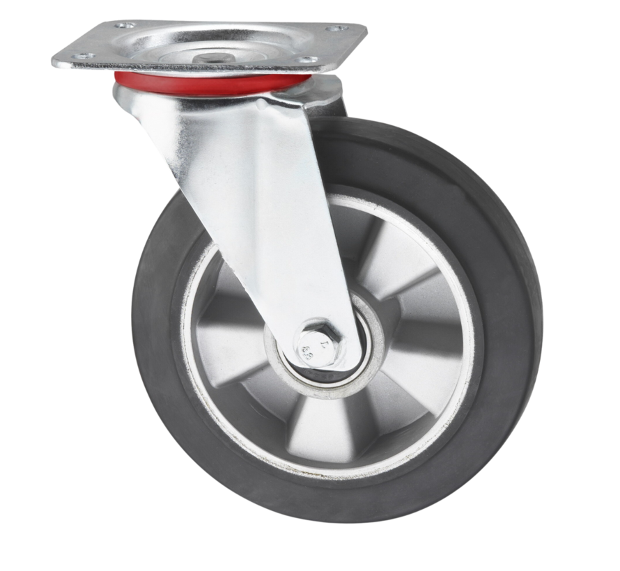 Industrial swivel castor, plate fitting, elastic-tyre, precision ball bearing, Wheel-Ø 200mm, 400KG