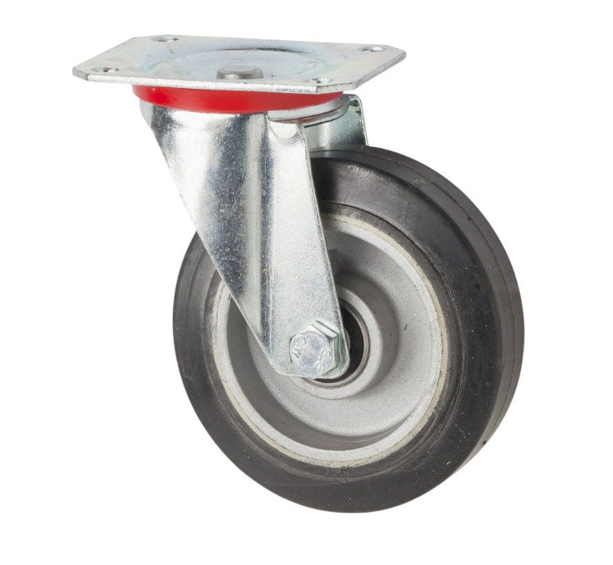 Ruota girevole industriale in acciaio stampato, attacco a piastra, gomma elastica, cuscinetto a sfere di precisione, Ø ruota 125 mm, 200 kg