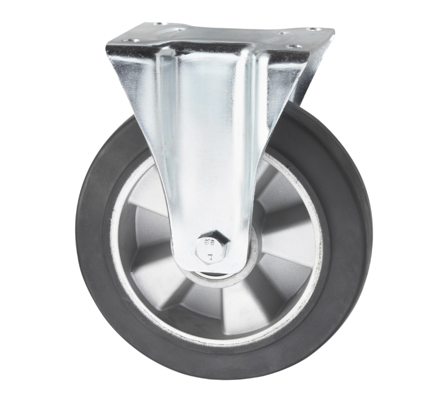 Roulette fixe industrielle, bandage en caoutchouc élastique Ø 160 x 50 mm, roulement à billes de précision, entraxe des trous 105 x 80 mm, hauteur totale 190 mm – capacité de charge 300 kg