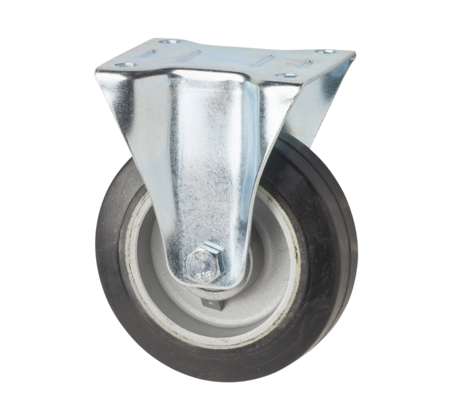 Rueda fija industrial, Ø125 x 38 mm, cubierta de caucho elástico con núcleo de aluminio, rodamiento de bolas de precisión, carcasa de acero prensado, capacidad de carga de 200 kg.