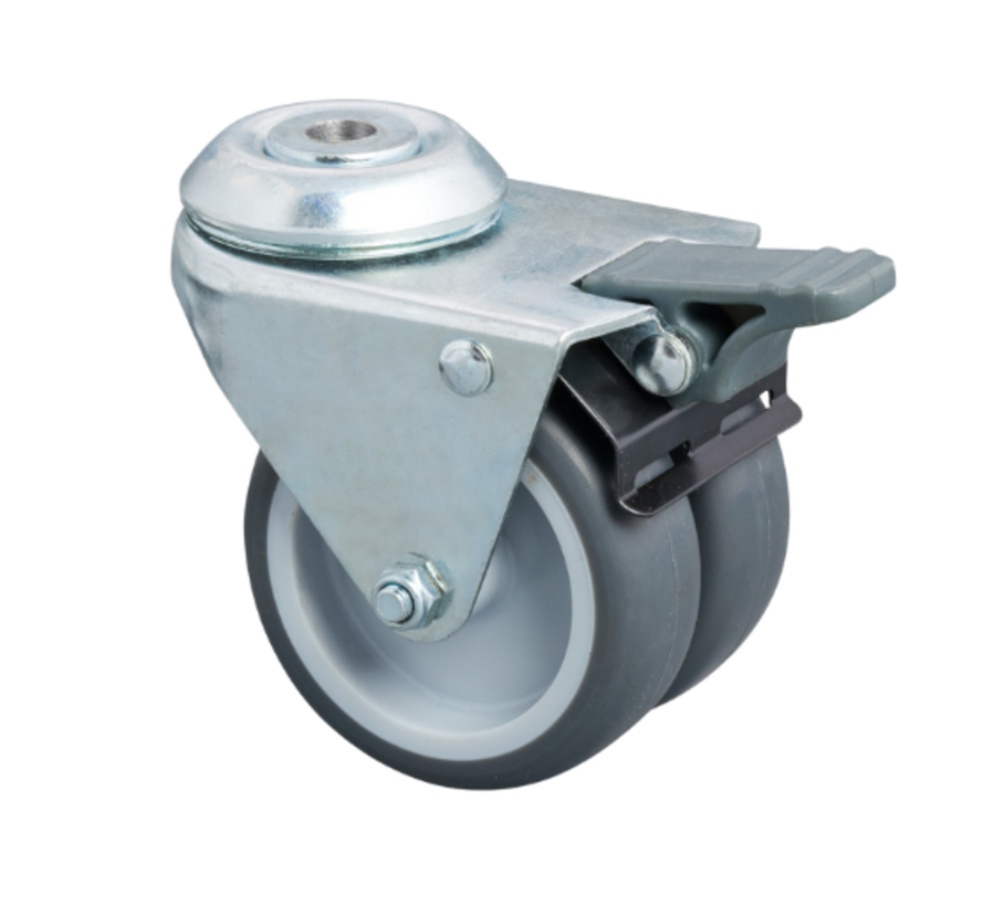 Roulette pivotante institutionnelle avec frein, Ø 50 x 19 mm, caoutchouc thermoplastique gris (TPR), double roue en polypropylène, palier lisse, carcasse en acier embouti avec blocage total – Charge admissible : 80 kg