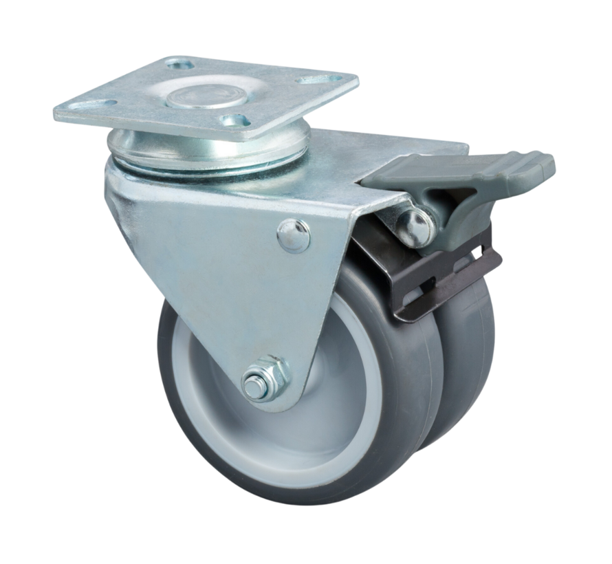 Roulette pivotante institutionnelle avec frein, Ø 75 x 24 mm, caoutchouc thermoplastique gris (TPR), double roue en polypropylène, palier lisse, carcasse en acier embouti avec blocage total – Charge admissible : 100 kg