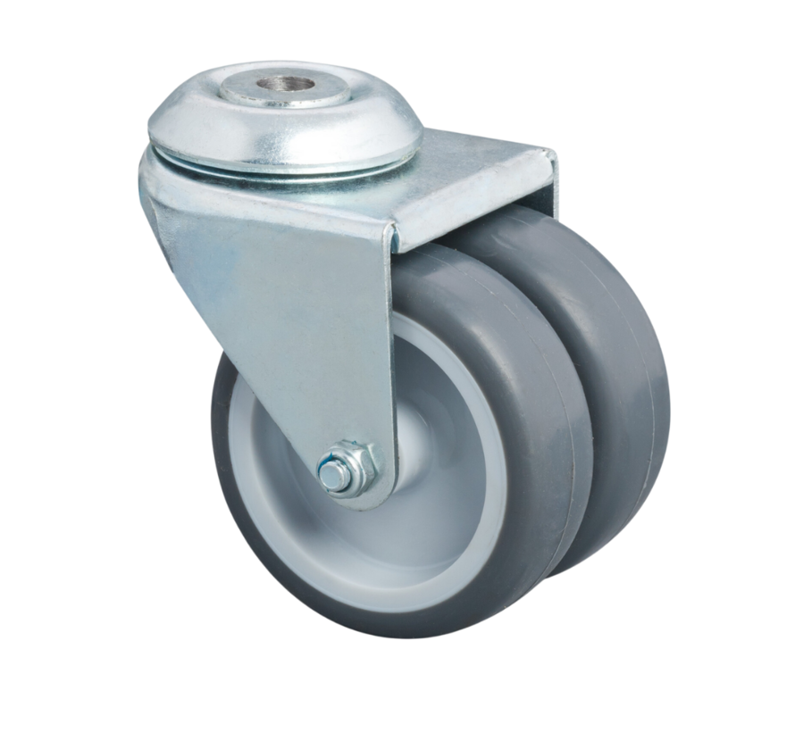 Roulette pivotante pour établissement public, Ø 50 x 19 mm, caoutchouc thermoplastique gris (TPR), double roue en polypropylène, palier lisse, boîtier en acier embouti, fixation par trou de boulon – Charge admissible : 80 kg