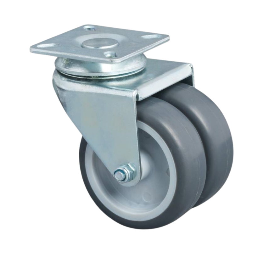 Institutionshjul, Ø50x19mm grå termoplastisk gummi (TPR), dubbla polypropylenhjul, glidlager, pressat stålhus, plattfäste – 80kg lastkapacitet