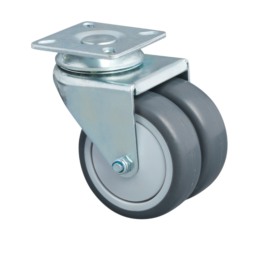 Institutionshjul, Ø50x19mm termoplastiskt gummi (TPR) dubbla hjul, glidlager, pressat stålhus, plattfäste – 80kg lastkapacitet