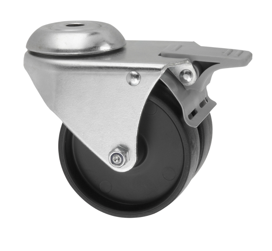 Roulette pivotante institutionnelle avec frein, bandage en caoutchouc thermoplastique (TPR) gris Ø 75 x 24 mm, double roue en polypropylène, palier lisse, carcasse en acier embouti avec blocage total – Charge admissible : 100 kg