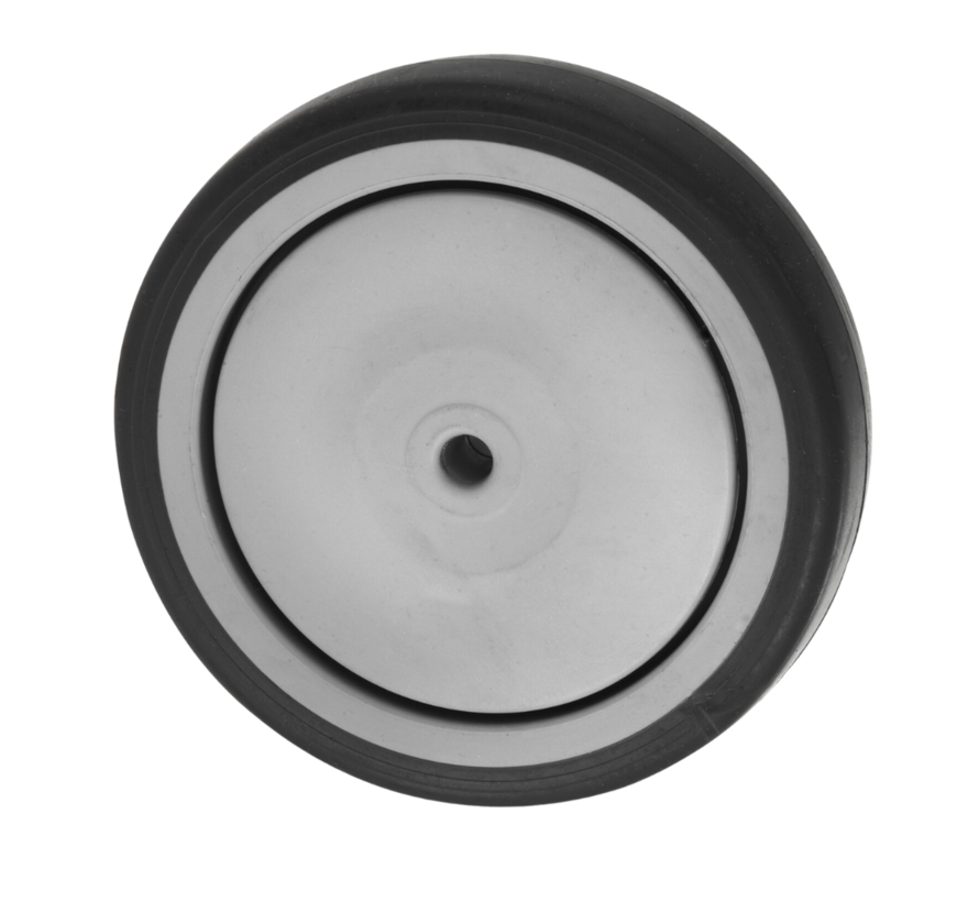 Apparaterad Ø125x32mm, grauer, nicht kreidender Reifen aus thermoplastischem Gummi (TPR), Radkörper aus Polypropylen, zentrales Präzisionskugellager, Achsloch Ø8,1mm, Nabenlänge 35,5mm – 100kg Tragkraft