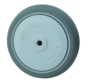 Rueda institucional de Ø80 x 30 mm, cubierta de caucho termoplástico (TPR) gris antihuellas, núcleo de polipropileno, rodamiento central de bolas de precisión, orificio de eje de Ø8 mm, longitud de cubo de 35,5 mm y capacidad de carga de 100 kg.
