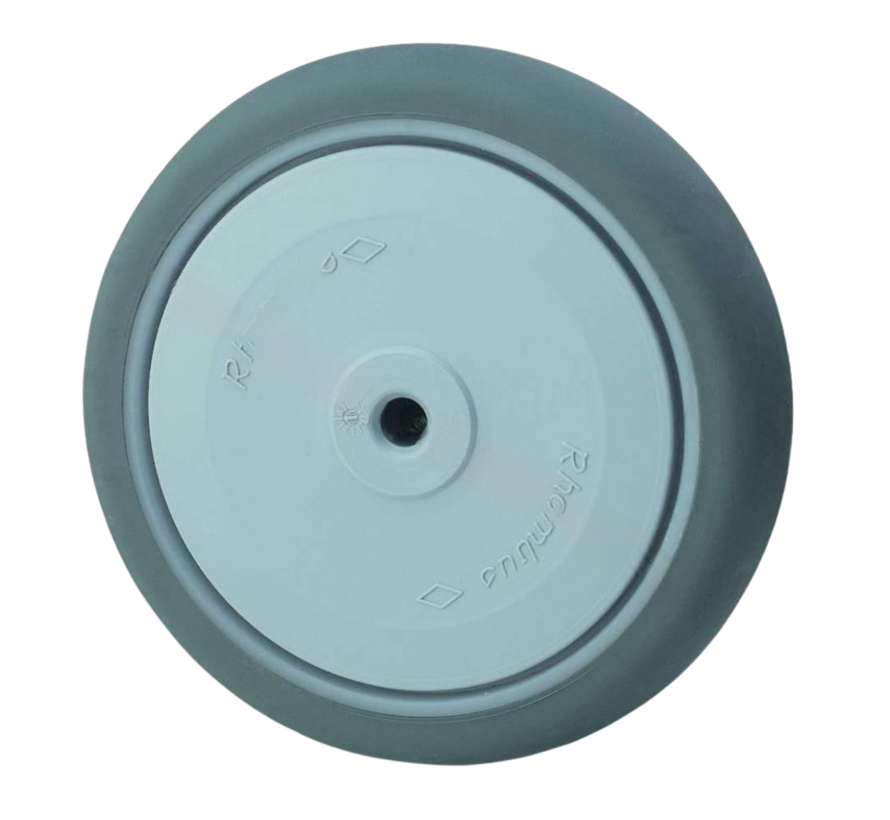 Institutionshjul Ø80x30mm, grått termoplastiskt gummi (TPR) icke-märkande däck, polypropylenfälg, centralt precisionskullager, axelhål Ø8mm, navlängd 35.5mm – 100kg lastkapacitet