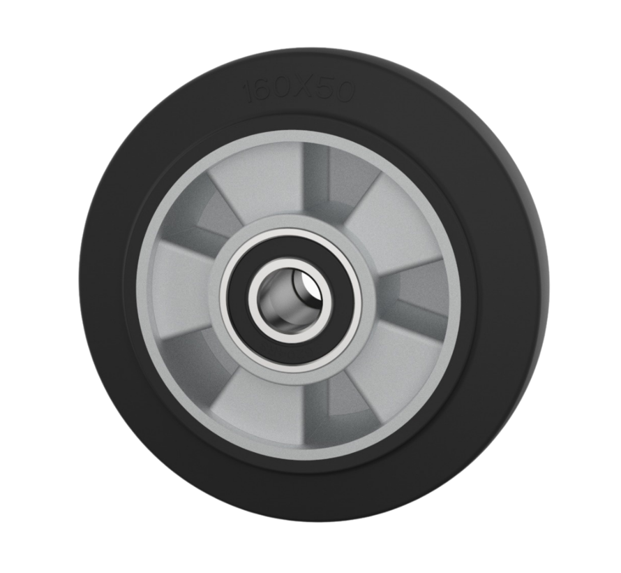 Roue industrielle Ø 160 x 50 mm, bandage caoutchouc élastique, corps de roue en aluminium, roulement à billes de précision, trou d'axe Ø 20 mm, longueur du moyeu 60 mm – capacité de charge 300 kg