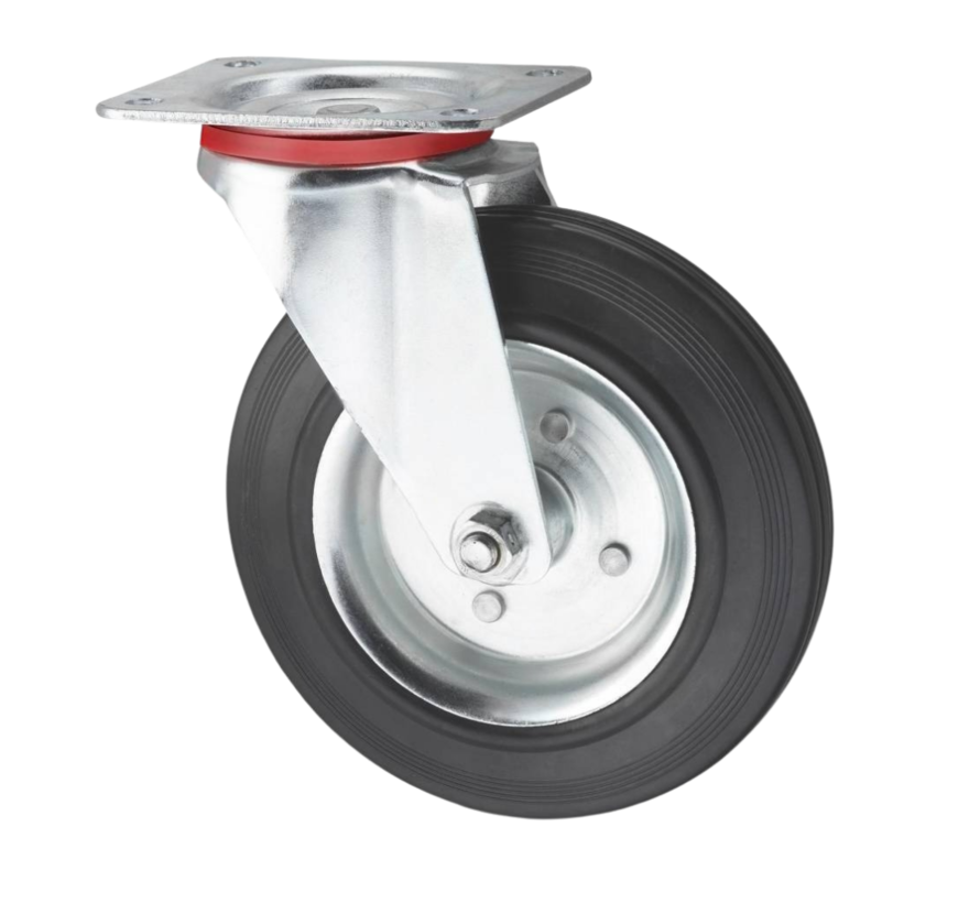 Ruedas para transporte industrial Rueda giratoria chapa de acero, pletina de fijación, goma negra, cojinete de rodillos, Rueda-Ø 125mm, 100KG