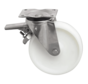 Roulette pivotante en acier inoxydable avec frein, en acier inoxydable embouti, fixation à platine, roue en polyamide, moyeu lisse, diamètre de roue 150 mm, 500 kg