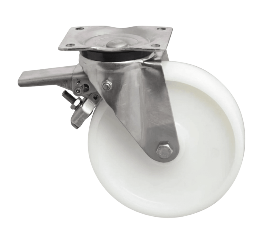 Roulette pivotante en acier inoxydable avec frein, en acier inoxydable embouti, fixation à platine, roue en polyamide, moyeu lisse, diamètre de roue 150 mm, 500 kg