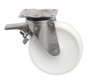Roulette pivotante en acier inoxydable avec frein, en acier inoxydable embouti, fixation à platine, roue en polyamide, moyeu lisse, diamètre de roue 125 mm, 450 kg