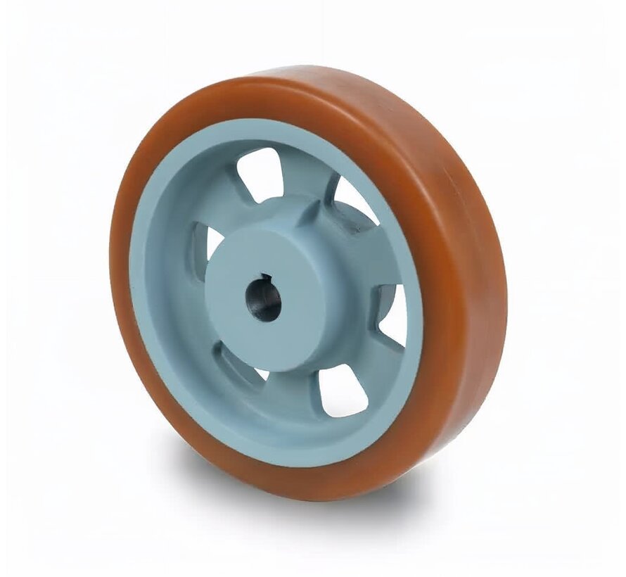 Rueda motriz de alta resistencia Vulkollan® Covestro con banda de rodadura de fundición, chavetero de paso H7 DIN 6885 JS9, Ø de rueda 250 mm, 1350 kg