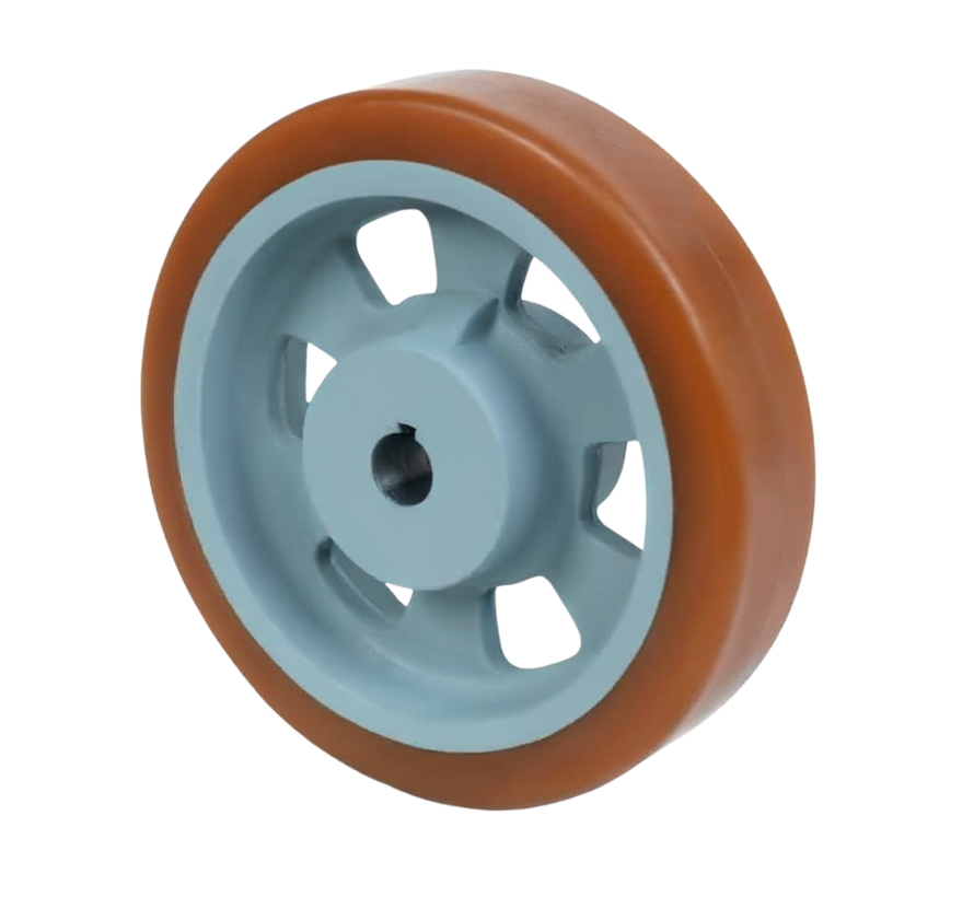 Rueda motriz de alta resistencia Vulkollan® Covestro con banda de rodadura de fundición, chavetero de paso H7 DIN 6885 JS9, Ø de rueda 300 mm, 230 kg