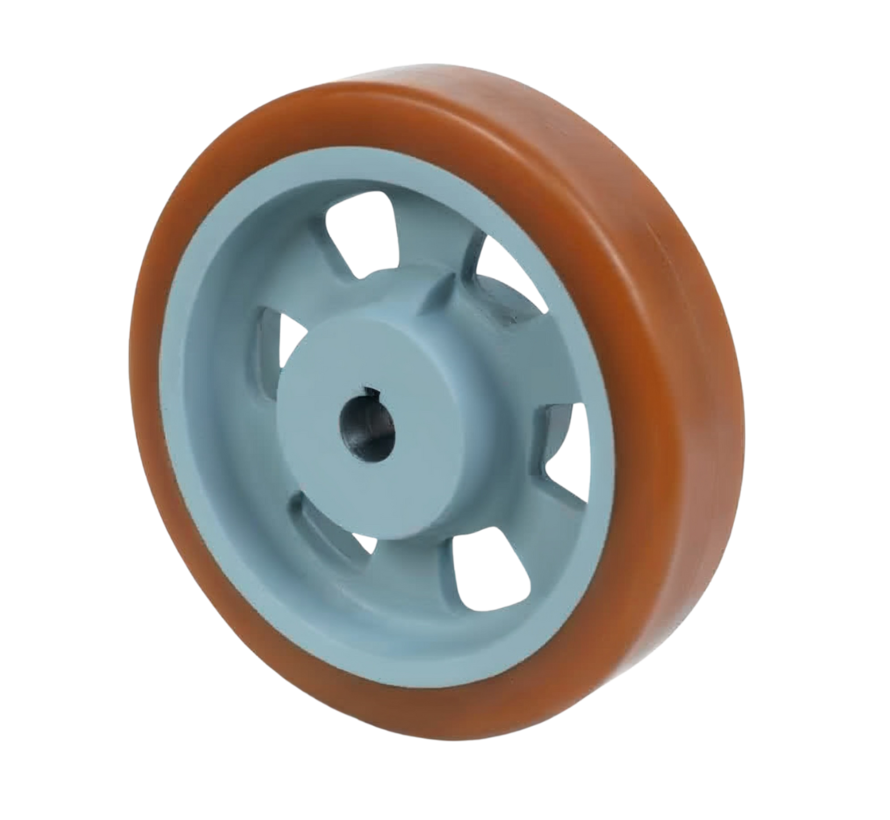 Ruota motrice per impieghi gravosi in ghisa con battistrada Vulkollan® Covestro, foro H7, cava per chiavetta DIN 6885 JS9, Ø ruota 300 mm, 230 kg
