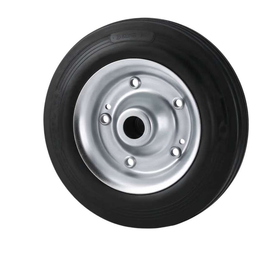 Ruota industriale Ø160x40mm, pneumatico in gomma piena nera, centro ruota in acciaio stampato, cuscinetto a rulli, foro asse Ø20mm, lunghezza mozzo 60mm – capacità di carico 180kg