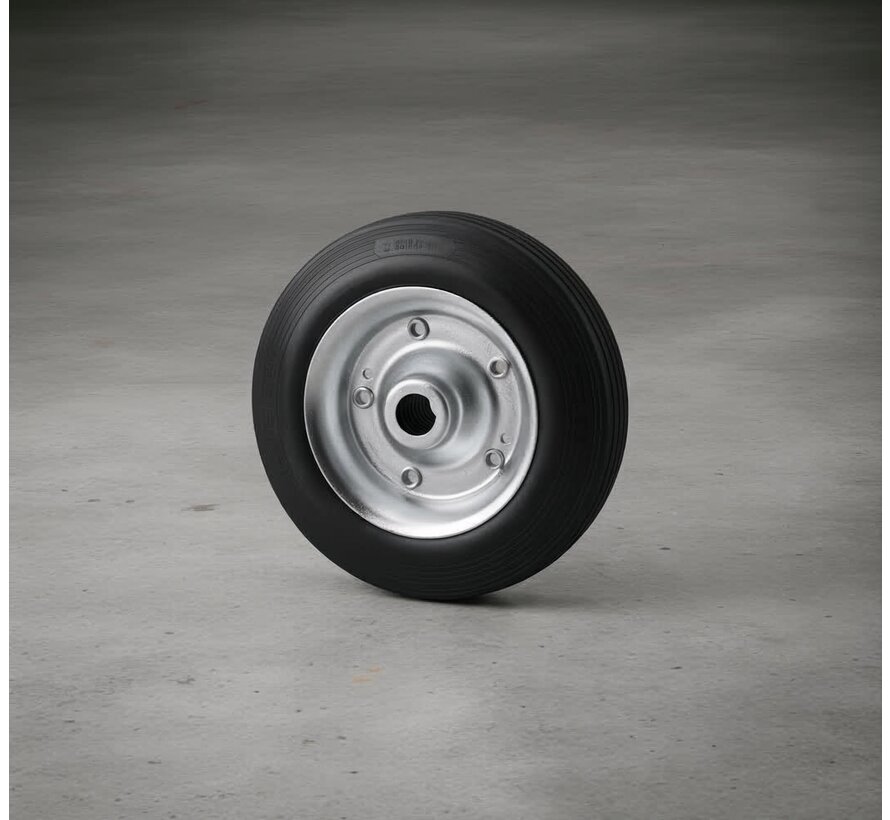Industrihjul Ø160x40mm, svart massivt gummidäck, pressad stålfälg, rullager, axelhål Ø20mm, navlängd 60mm – 180kg lastkapacitet