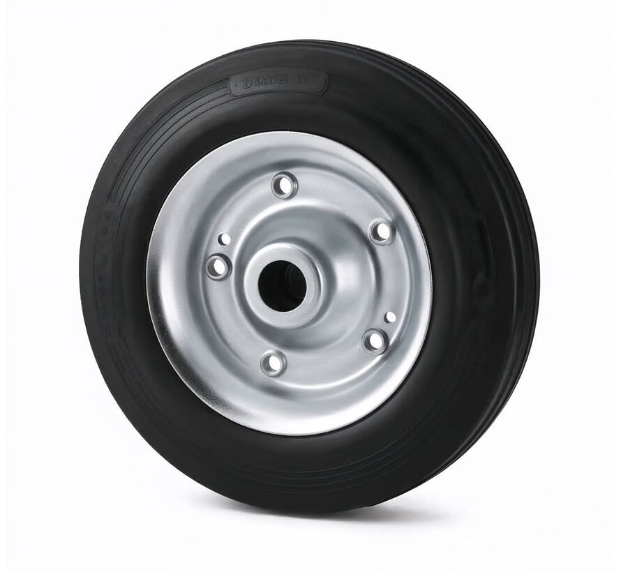 Koło przemysłowe Ø200x50 mm, opona z czarnej pełnej gumy, piasta koła ze stali tłoczonej, łożysko wałeczkowe, otwór osi Ø20 mm, długość piasty 60 mm – nośność 230 kg