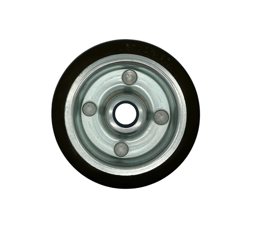 Industrierad Ø200x50mm, schwarzer Vollgummireifen, Radkörper aus Stahlblech, Rollenlager, Achsloch Ø20mm, Nabenlänge 60mm – 230kg Tragkraft