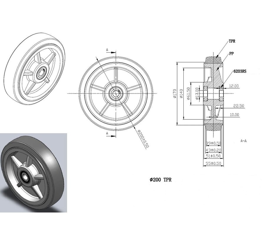 ruota, Ø 200, pneumatico in gomma termoplastica grigia antitraccia, 250KG