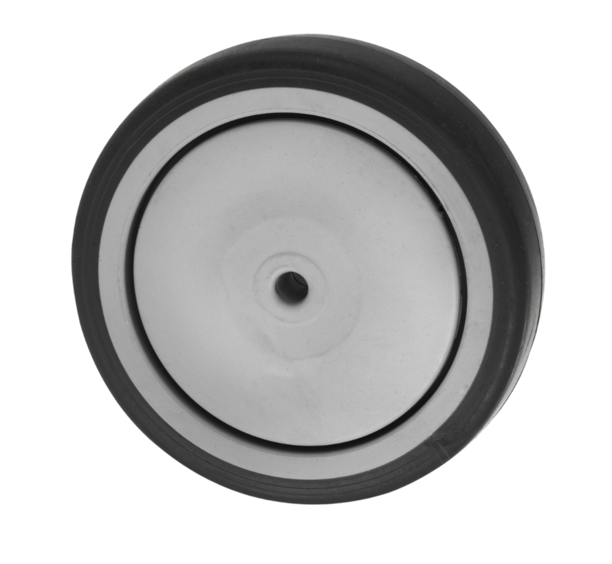 Roda Institucional Ø100x32mm, Pneu de Borracha Termoplástica Cinza (TPR) Antimarcante, Núcleo de Polipropileno, Rolamento Central de Esferas de Precisão, Furo do Eixo Ø8,1mm, Comprimento do Cubo 35,5mm – Capacidade de Carga de 100kg