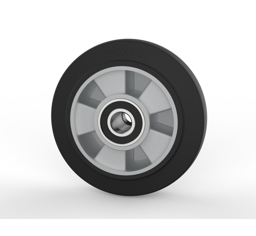 Roue industrielle Ø 160 x 50 mm, bandage caoutchouc élastique, corps de roue en aluminium, roulement à billes de précision, trou d'axe Ø 20 mm, longueur du moyeu 60 mm – capacité de charge 300 kg