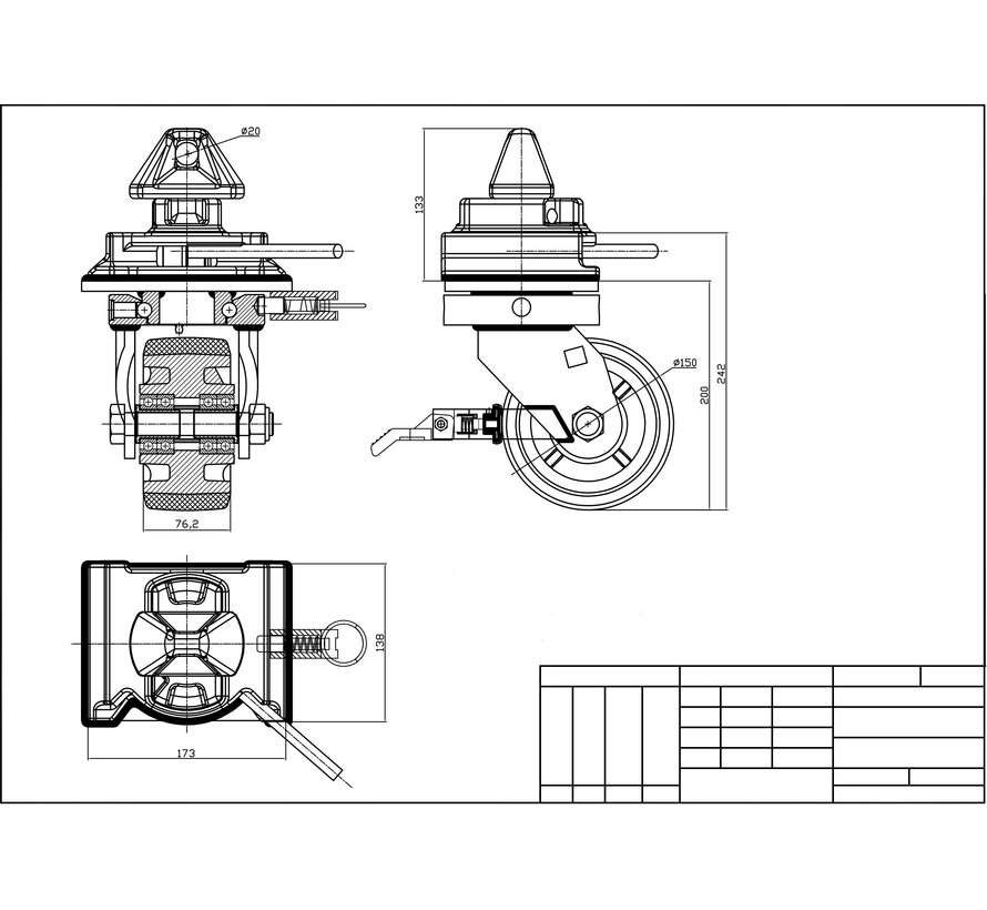 4 roulettes pivotantes avec système de blocage par rotation, faciles à installer sur les coins des conteneurs intermodaux standard.