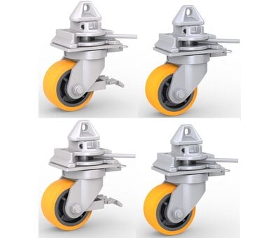 4 x kółka jezdne z mechanizmem blokowania obrotowego, które można łatwo zamontować na narożnikach standardowych kontenerów do transportu intermodalnego