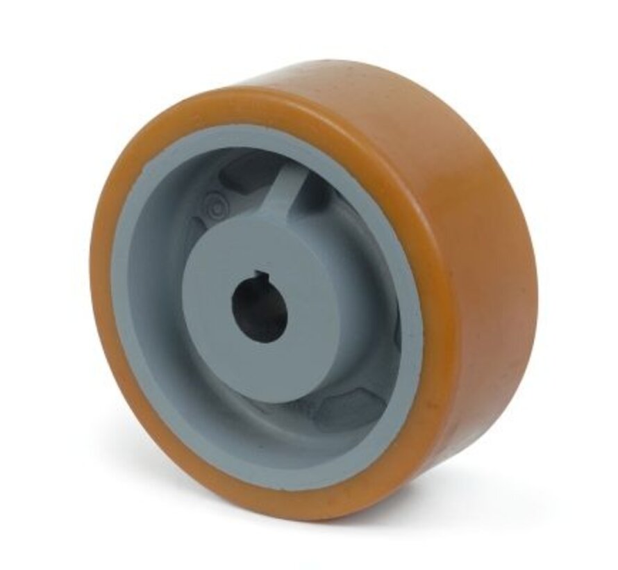 Roda motriz para serviço pesado Vulkollan® Covestro, piso em ferro fundido, furo H7, rasgo de chaveta DIN 6885 JS9, Ø da roda 200 mm, 700 kg