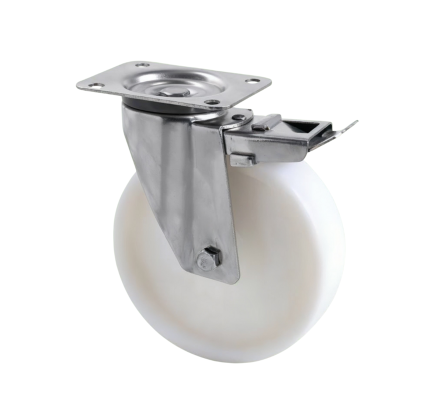 Heavy-Duty Stainless Steel Swivel Castor with Brake, Ø160mm Polyamide (PA6) Wheel, Plain Bearing – 300kg Load Capacity for Industrial Use