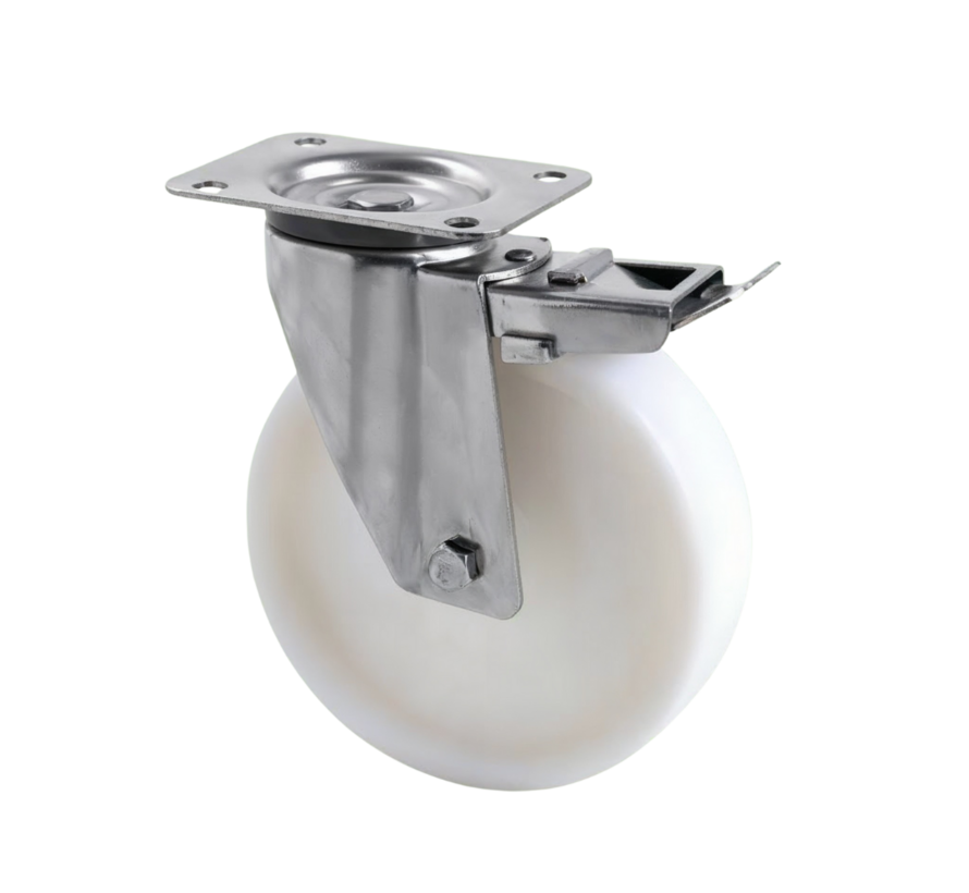 Rodízio giratório de aço inoxidável para serviço pesado com freio, roda de poliamida (PA6) de Ø160 mm, mancal liso – capacidade de carga de 300 kg para uso industrial