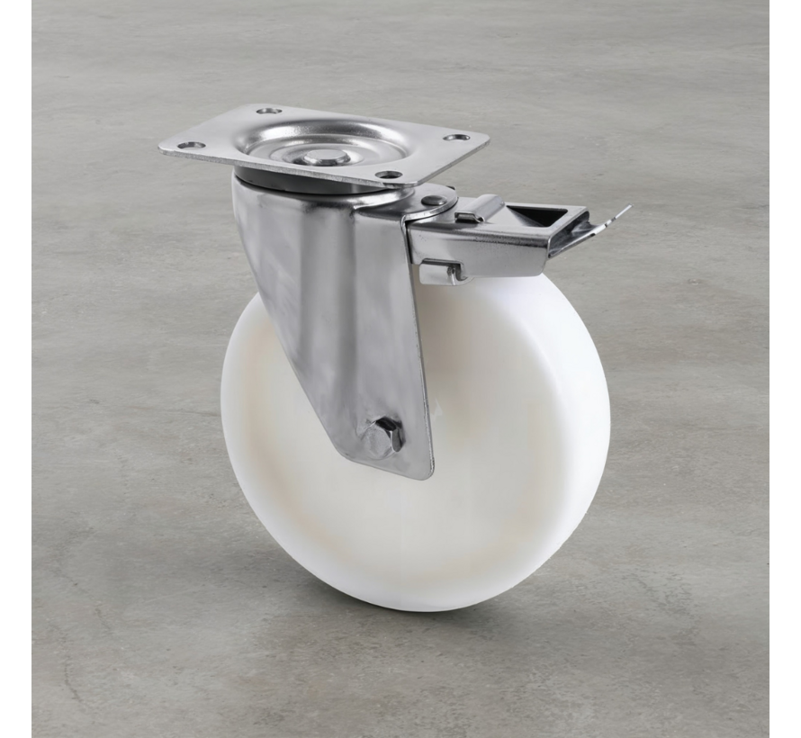 Rueda giratoria de acero inoxidable de alta resistencia con freno, rueda de poliamida (PA6) de Ø160 mm, cojinete liso, capacidad de carga de 300 kg para uso industrial.