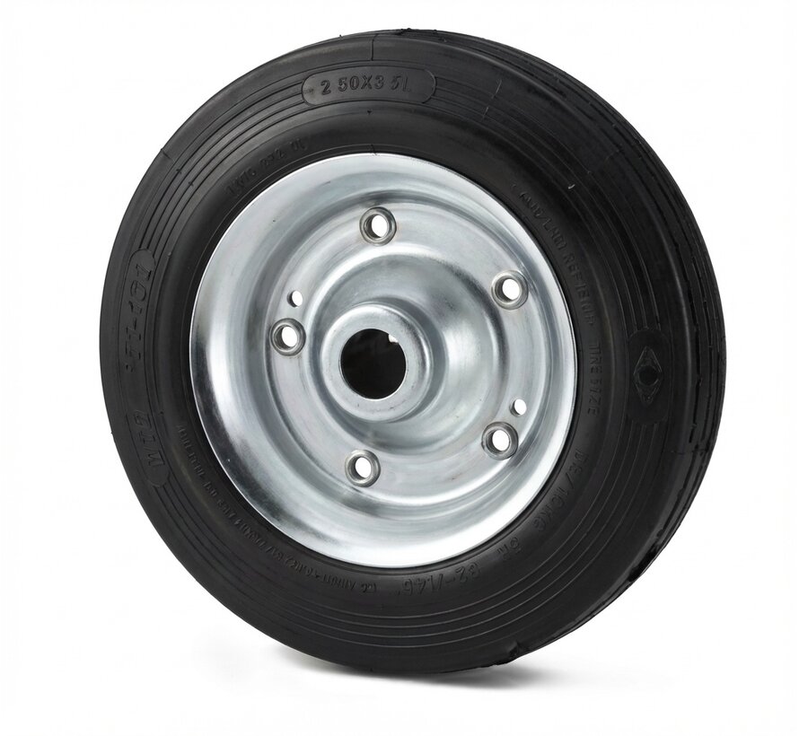 Roda industrial Ø100x30mm, pneu de borracha maciça preta, centro de roda de aço prensado, rolamento de rolos, furo do eixo Ø12mm, comprimento do cubo 40mm – capacidade de carga de 80kg