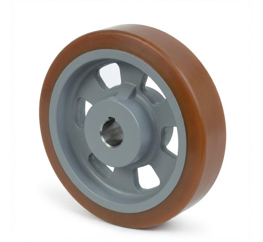 Rueda motriz de alta resistencia Vulkollan® Covestro con banda de rodadura de hierro fundido, chavetero de pluma con orificio H7 DIN 6885 JS9, Ø de rueda 300 mm, 1350 kg