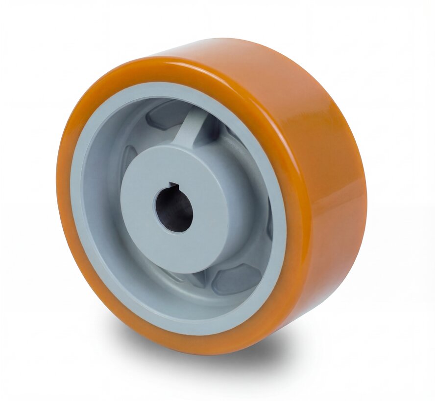 rodas de alta carga roda motriz rodas e rodízios vulkollan® superfície de rodagem  núcleo da roda de aço fundido, H7-buraco muelle de ajuste según DIN 6885 JS9, Roda-Ø 150mm, 100KG