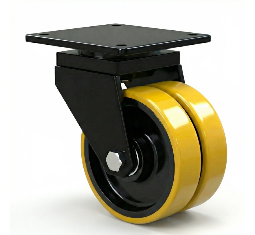 Heavy duty Swivel caster from Welded steel housing, plate fitting, Vulcanized Polyurethane tread, precision ball bearing, Wheel-Ø 200mm, 2000KG