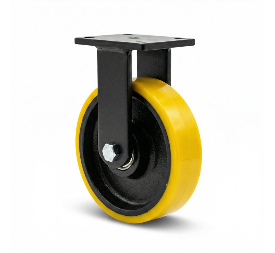 Heavy duty Fixed caster from Welded steel housing, plate fitting, Vulcanized Polyurethane tread, precision ball bearing, Wheel-Ø 125mm, 400KG