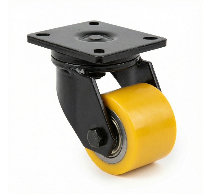 Heavy duty Swivel caster from Welded steel housing, plate fitting, Vulcanized Polyurethane tread, precision ball bearing, Wheel-Ø 70mm, 500KG