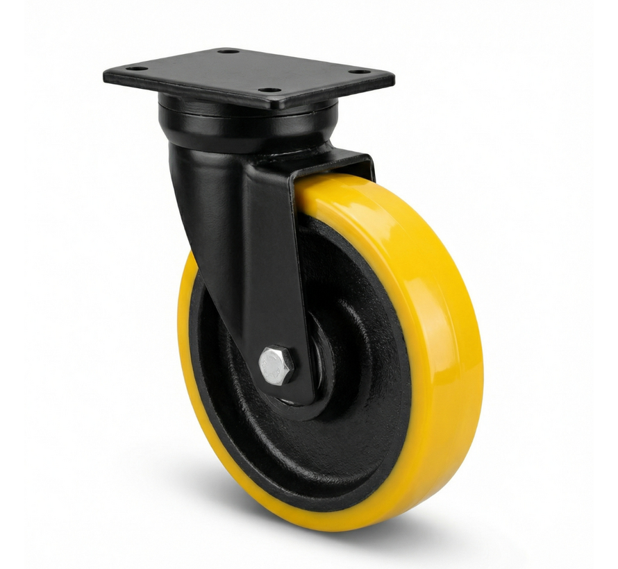 Heavy duty Swivel caster from Welded steel housing, plate fitting, Vulcanized Polyurethane tread, precision ball bearing, Wheel-Ø 125mm, 400KG