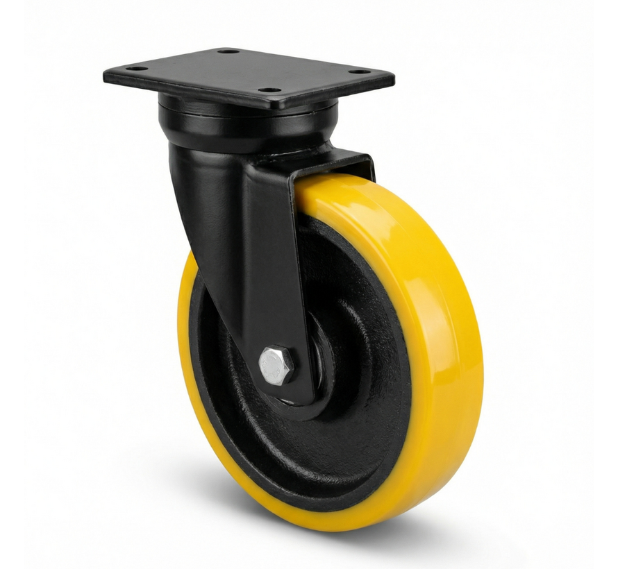 Heavy duty Swivel caster from Welded steel housing, plate fitting, Vulcanized Polyurethane tread, precision ball bearing, Wheel-Ø 300mm, 1800KG
