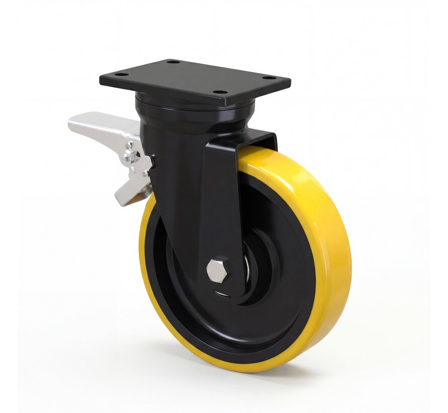 Schwerlast Lenkrolle mit Feststeller aus Stahlschweißgehäuse, Plattenbefestigung, Vulkanisierte Polyurethane Lauffläche, Präzisionskugellager, Rad-Ø 150mm, 500KG