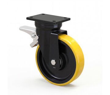 Rueda giratoria con freno, Ø 125 mm, banda de rodadura de poliuretano vulcanizado, 300 kg