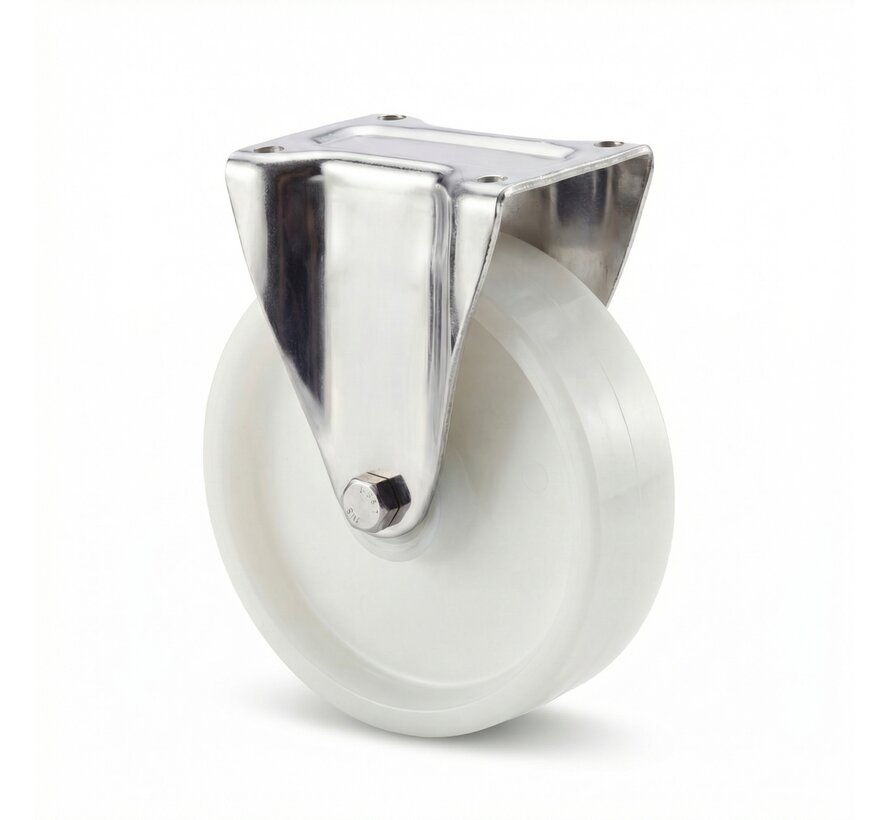 Inox / acero inoxidable Ruota fissa acciaio inox stampata, attacco a piastra, Ruota Poliammide, mozzo a foro passante, Ruota -Ø 200mm, 500KG